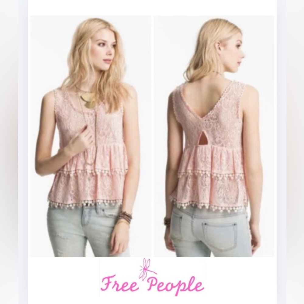 Free People Pink Daydream Baby Doll Boho Crochet Lace Tank Layered Top